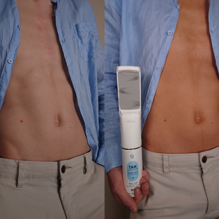 Man sieht den Oberkörper eines Manns im Vorher/Nachher Vergleich mit TAN Extra Dark